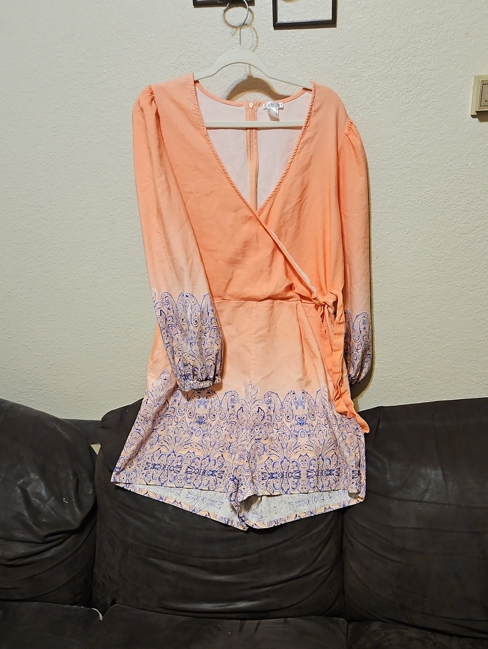 VENUS Peach Wrap Romper with Blue Paisley Border